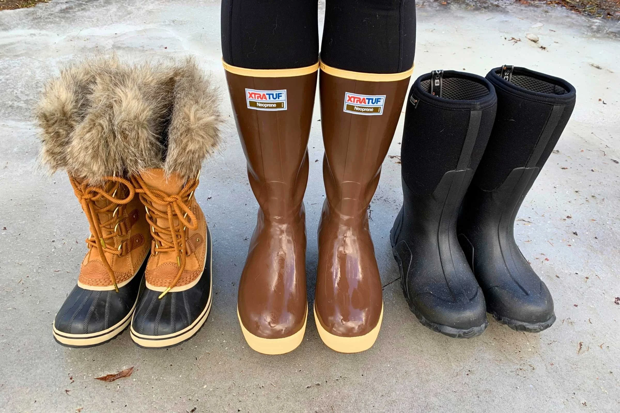Comparison shot of Sorel Joan of Arctic, XTratuf, and Bogs winter boots.