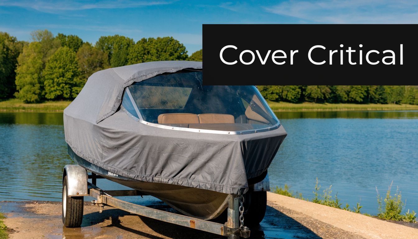 Close-up of a gray boat cover secured tightly over the bow and windshield of a small boat.