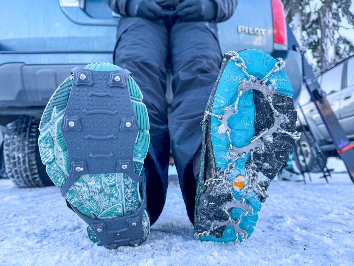Close-up comparison showing the difference between shallow metal studs and aggressive ice spikes.