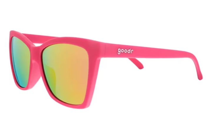 Goodr Pop G polarized sunglasses in a pink frame.
