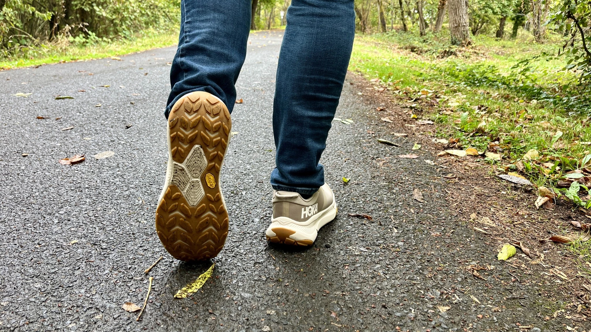 A walker stepping on a paved surface, focusing on the shoe's contact with the ground.