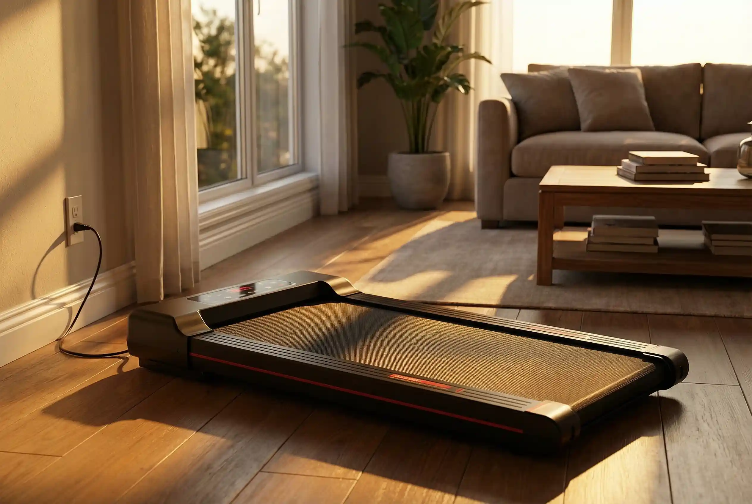 A Sperax Walking Pad placed in a minimalist modern living room set up for under-desk use.