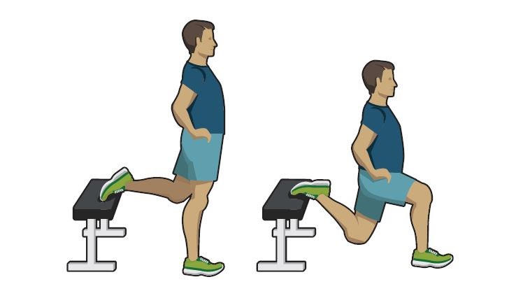 Illustration of a person performing a Bulgarian split squat with one leg elevated on a bench.