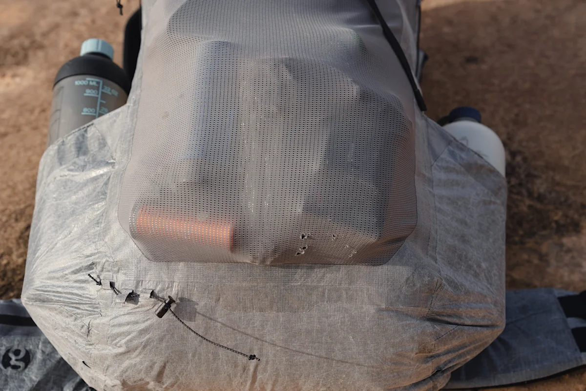 Close-up of the external mesh pocket on the Gossamer Gear Mirage 40.