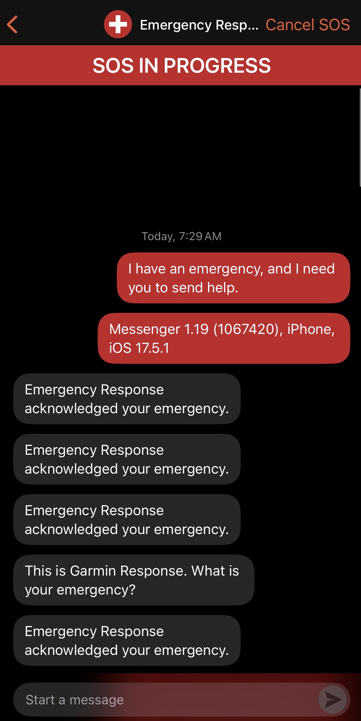 Garmin Messenger app emergency response chat interface showing text communication.