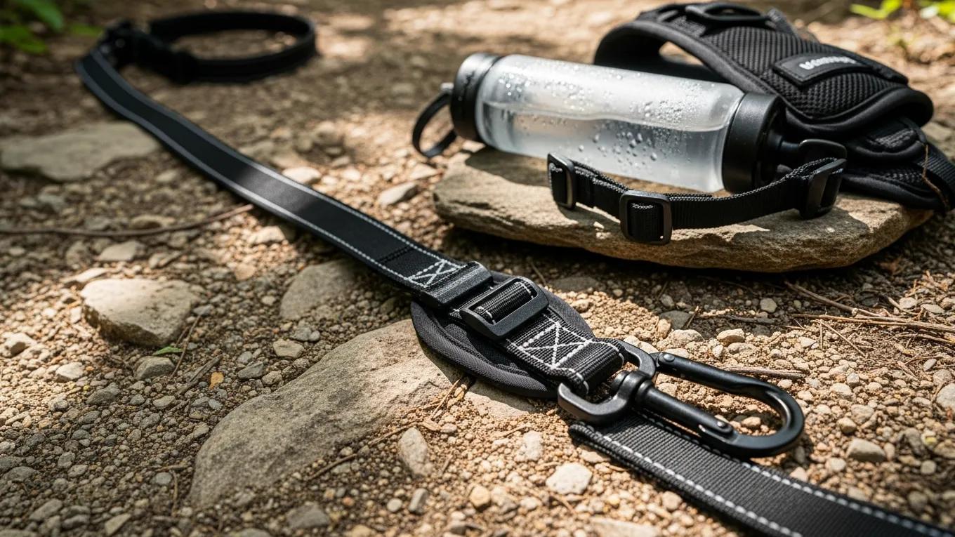 Close-up shot of the adjustable waist belt and durable hardware of a hands-free dog leash.