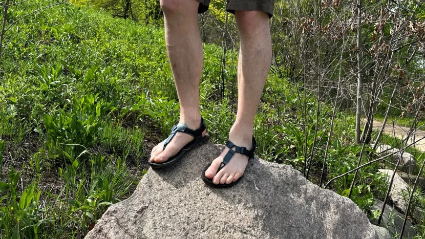 The Bedrock Cairn Evo sandal showing its minimalist design and rugged Vibram outsole.