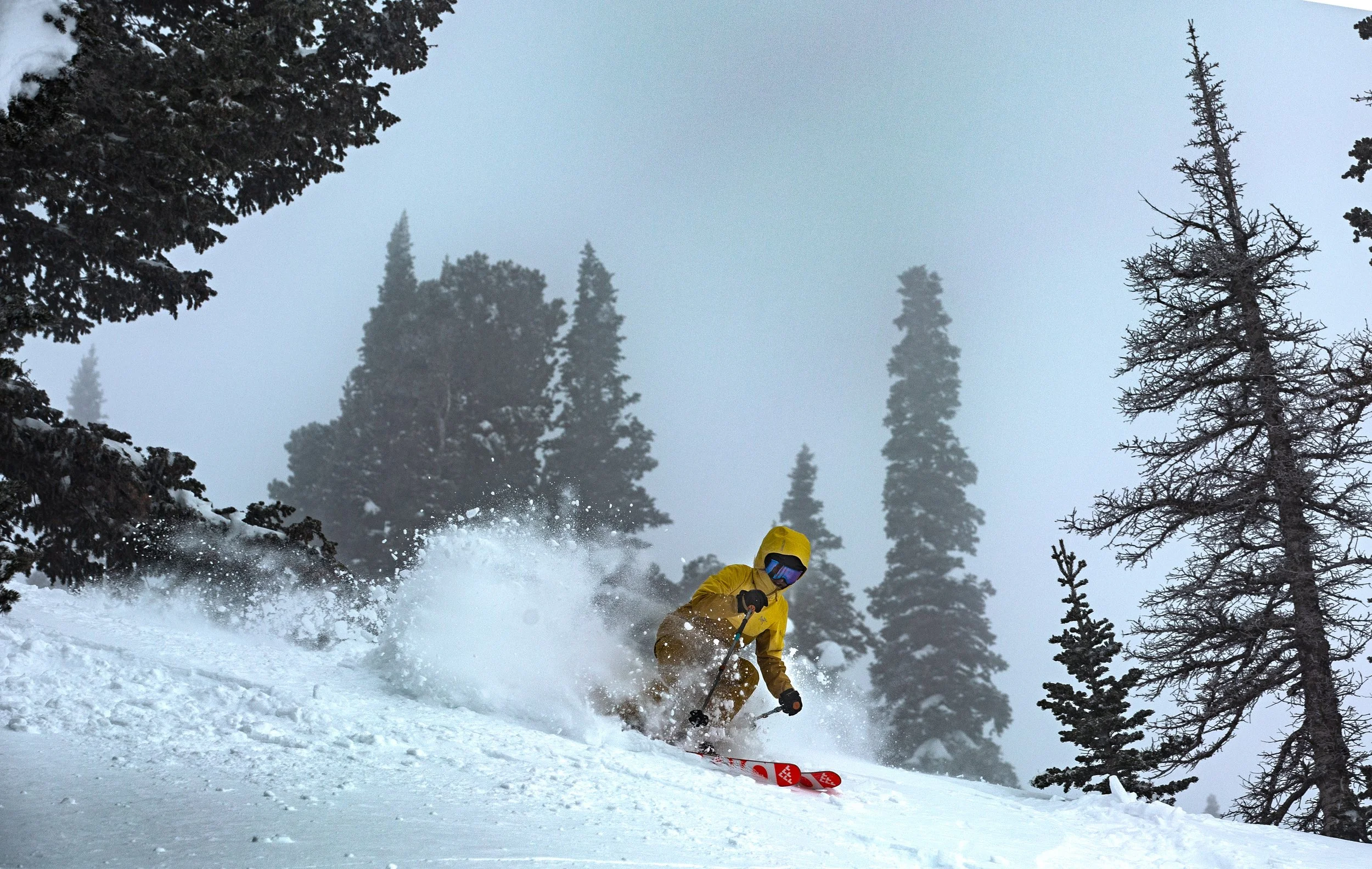 Technical ski shell pants worn by a skier in deep snow conditions.