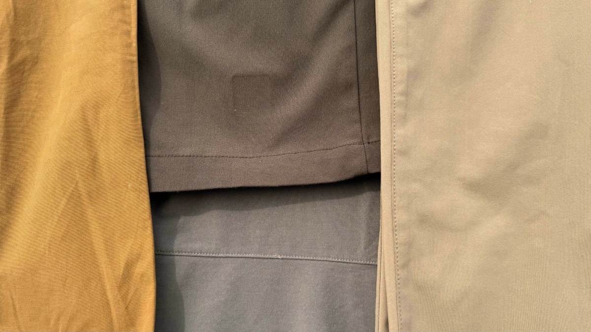 Close-up detail of technical travel pant fabric textures showing weave and water-resistance.