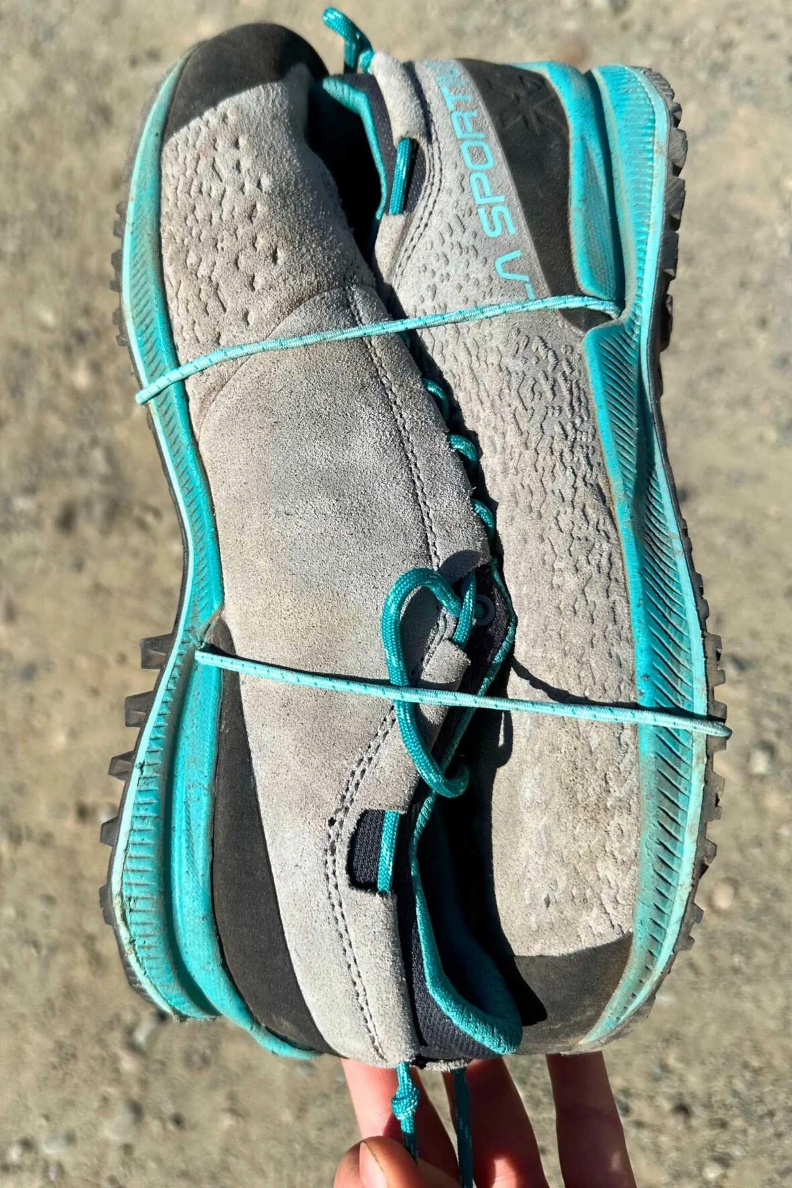 La Sportiva TX2 EVO Leather shoes bundled together tightly with an integrated elastic cord.
