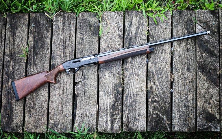 Profile view of a Benelli Montefeltro semi-auto shotgun.
