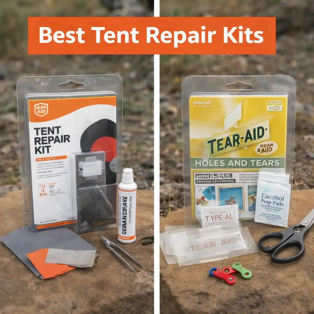 Flat lay of diverse tent repair products including Gear Aid tapes, sealants, and adhesive patches.