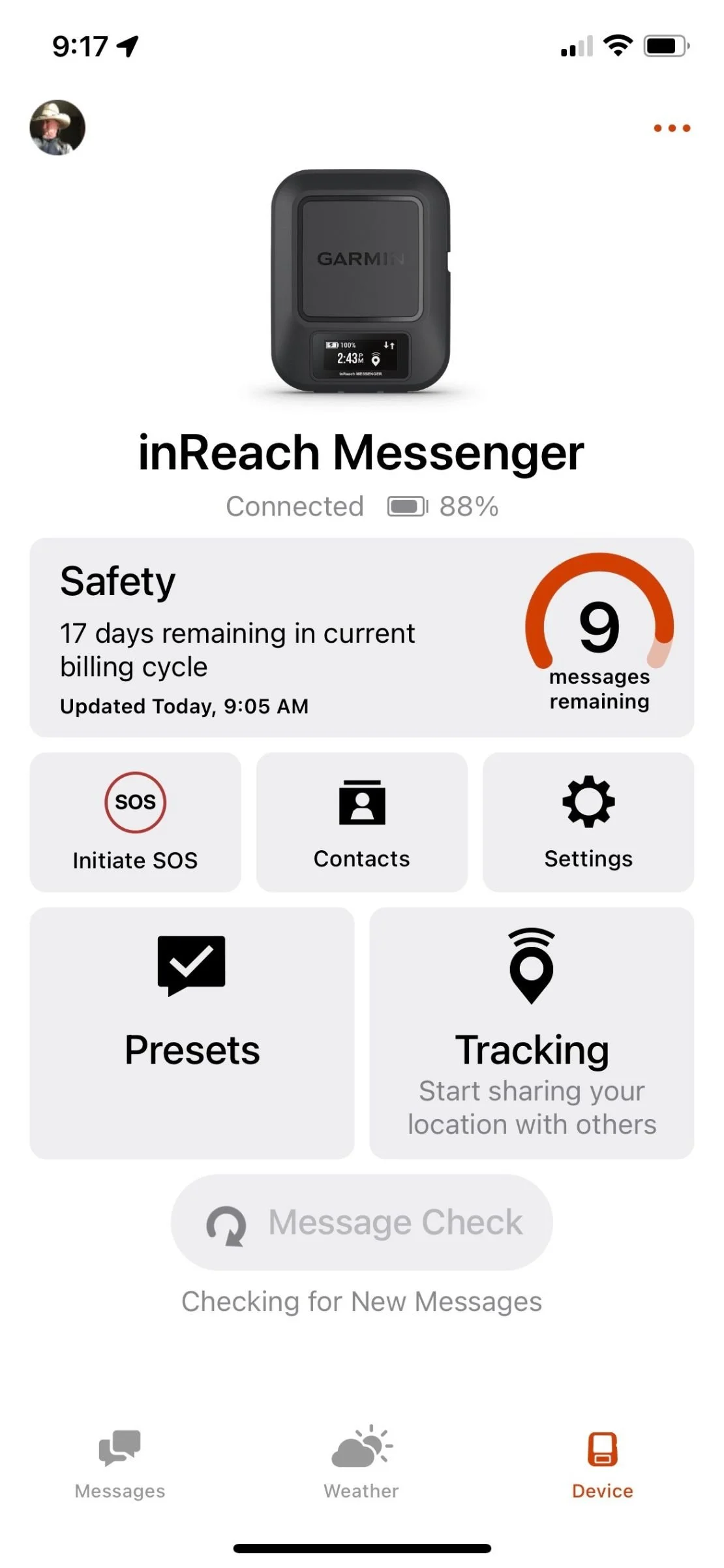 The home screen of the Garmin Messenger mobile app showing clean navigation and messaging options.