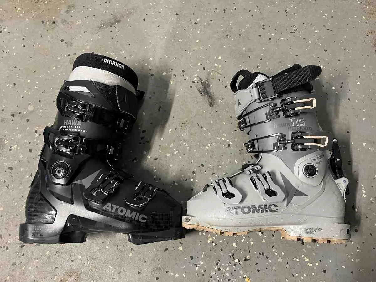 Side-by-side comparison of a standard alpine ski boot and a rockered touring boot.