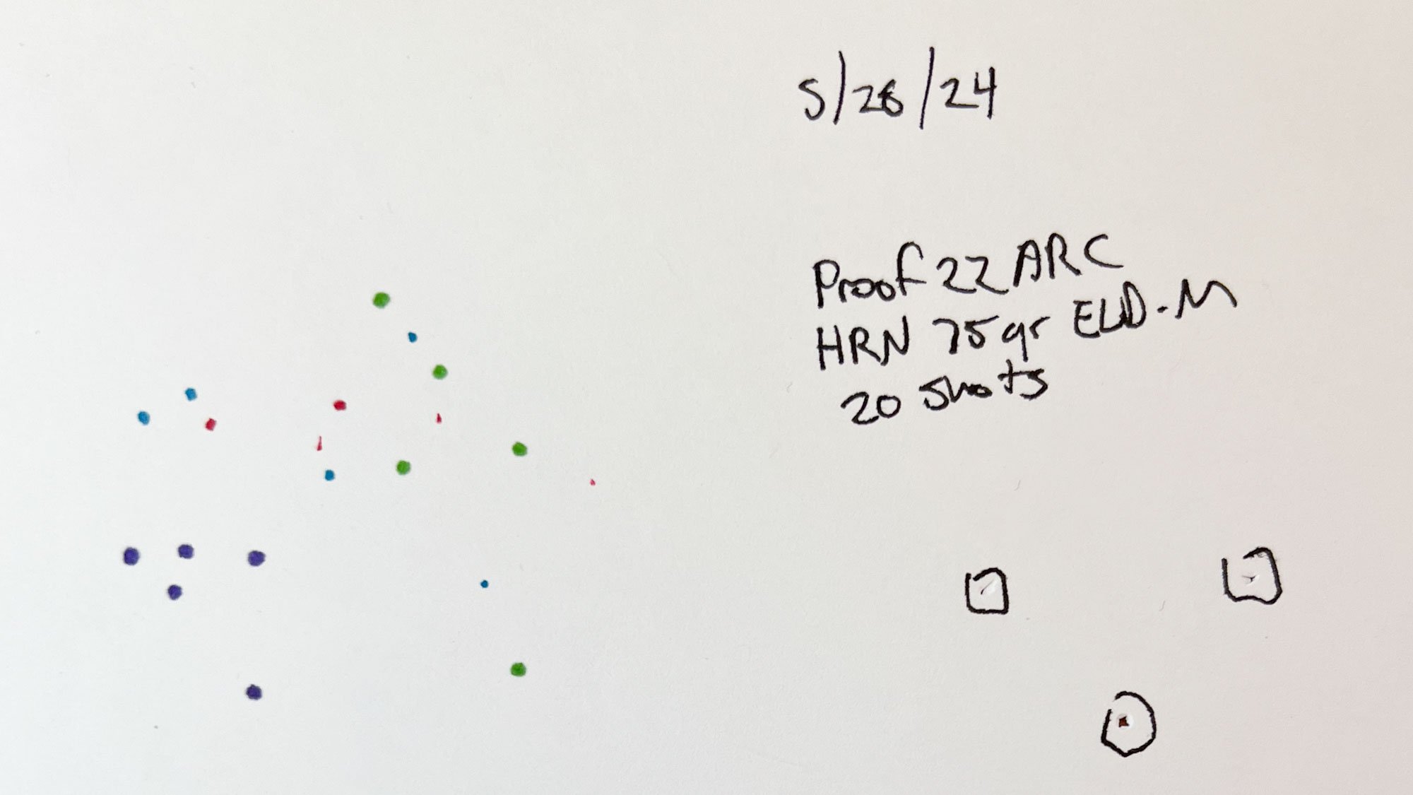 Multiple paper targets showing aggregated 20-shot groups.