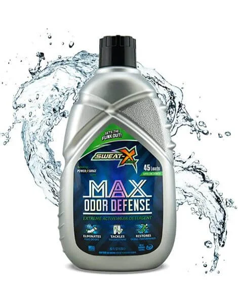 Sweat X Sport Max Odor Defense detergent bottle showing its NANOVASIVE technology label.