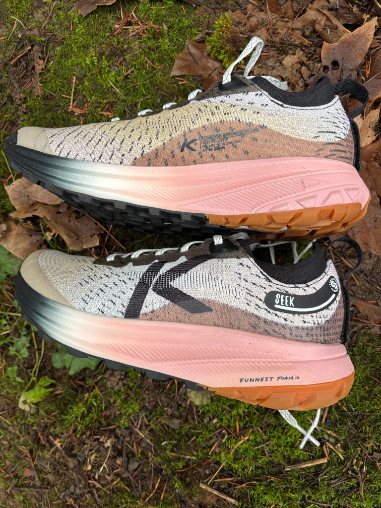 Top-down view focusing on the wide anatomical toe box of a KEEN trail runner.