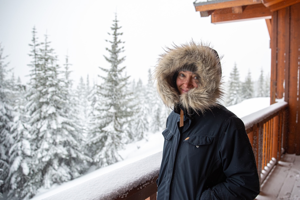 Fjallraven Nuuk Parka being worn during a snowstorm in British Columbia.