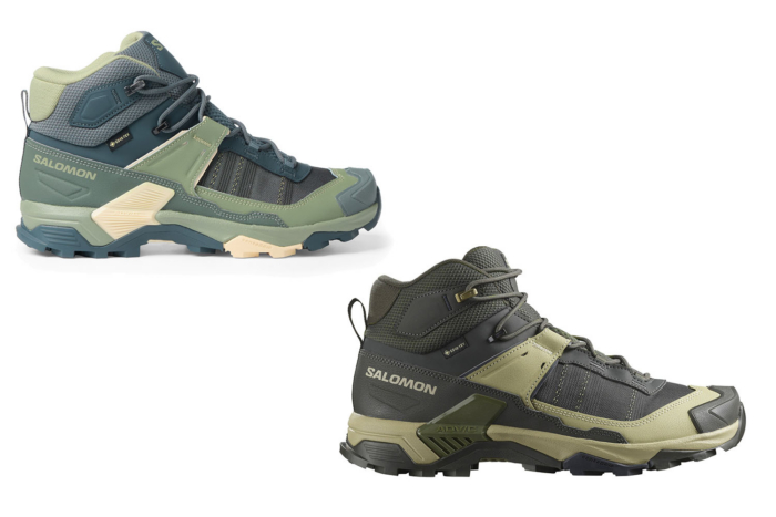 Close-up of a blue and black Salomon X Ultra 5 Mid GTX boot on a dusty trail.