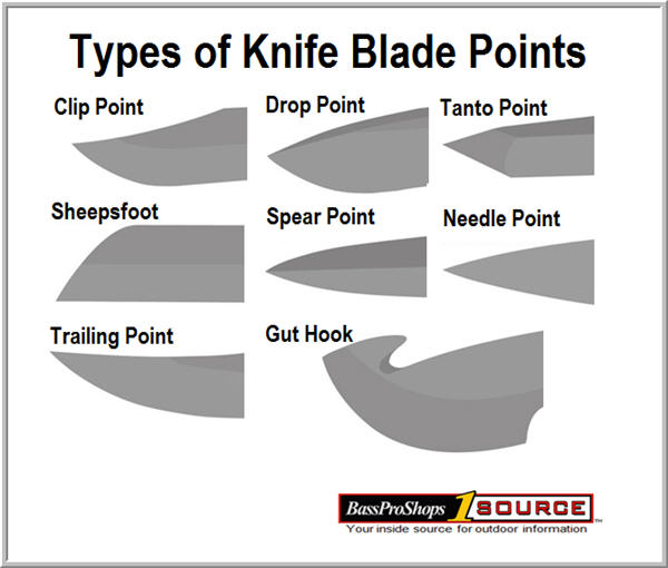 A technical comparison chart showing various knife blade points like clip, drop, and spey.