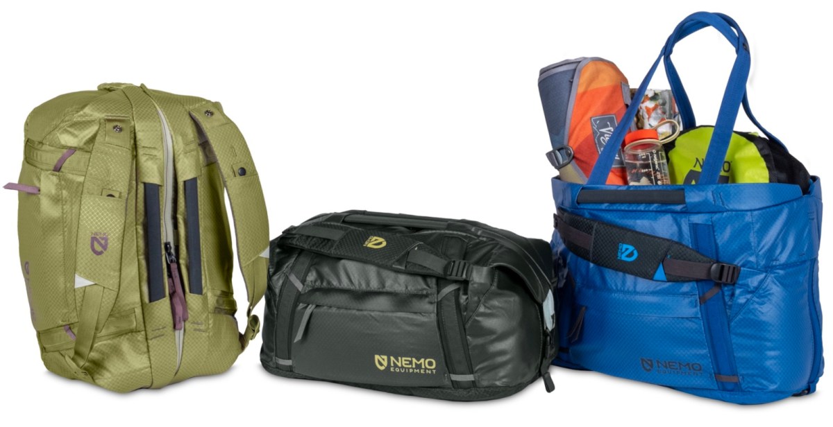 A blue NEMO Double Haul convertible duffel bag in its tote configuration.