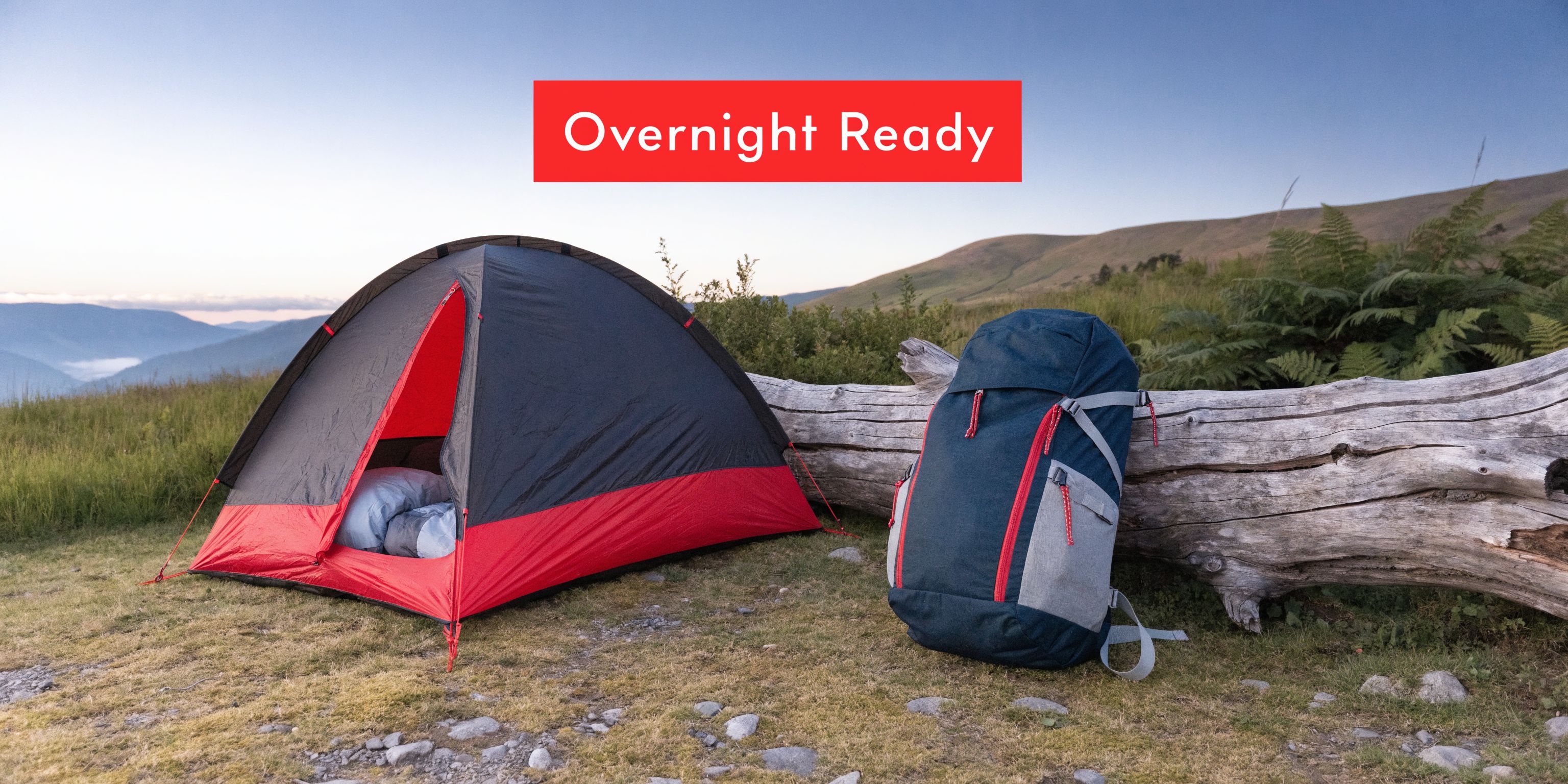 Camping tent and hiking backpack in a natural setting emphasizing weight distribution.