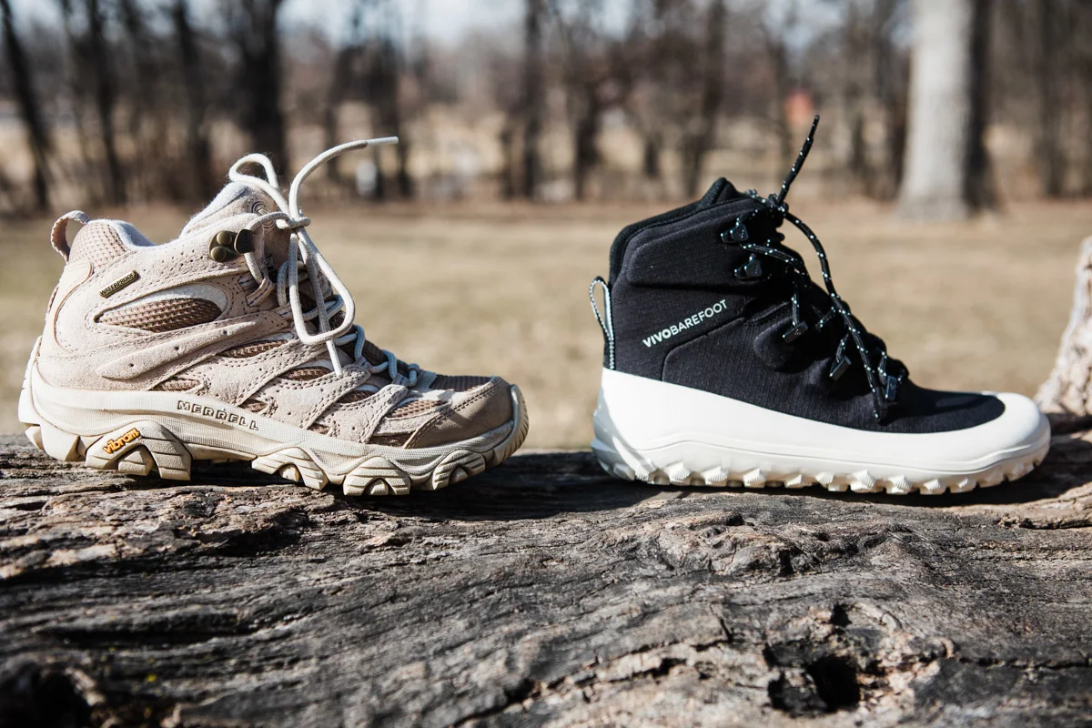Side-by-side comparison of Vivobarefoot and Merrell or Altra hiking shoes.