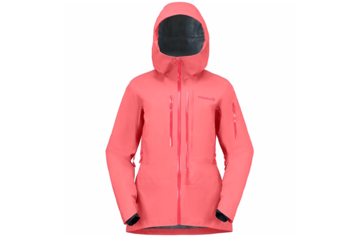 A woman wearing the brown and blue Norrona Lofoten GORE-TEX Pro jacket.