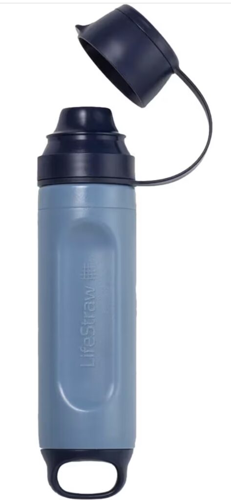 A compact solo water filtration straw designed for lightweight trekking.