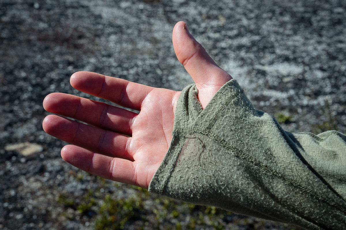 Macro shot of merino wool showing pilling at the cuff.