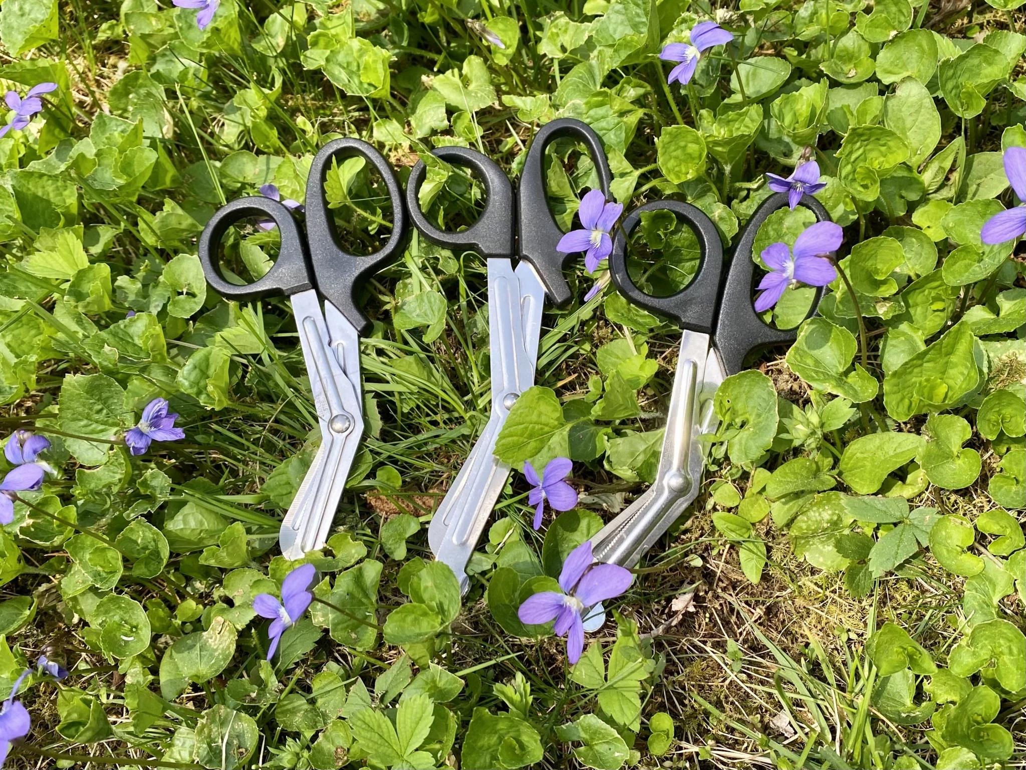 A comparison between standard orange-handled trauma shears and smaller generic scissors included in basic kits.
