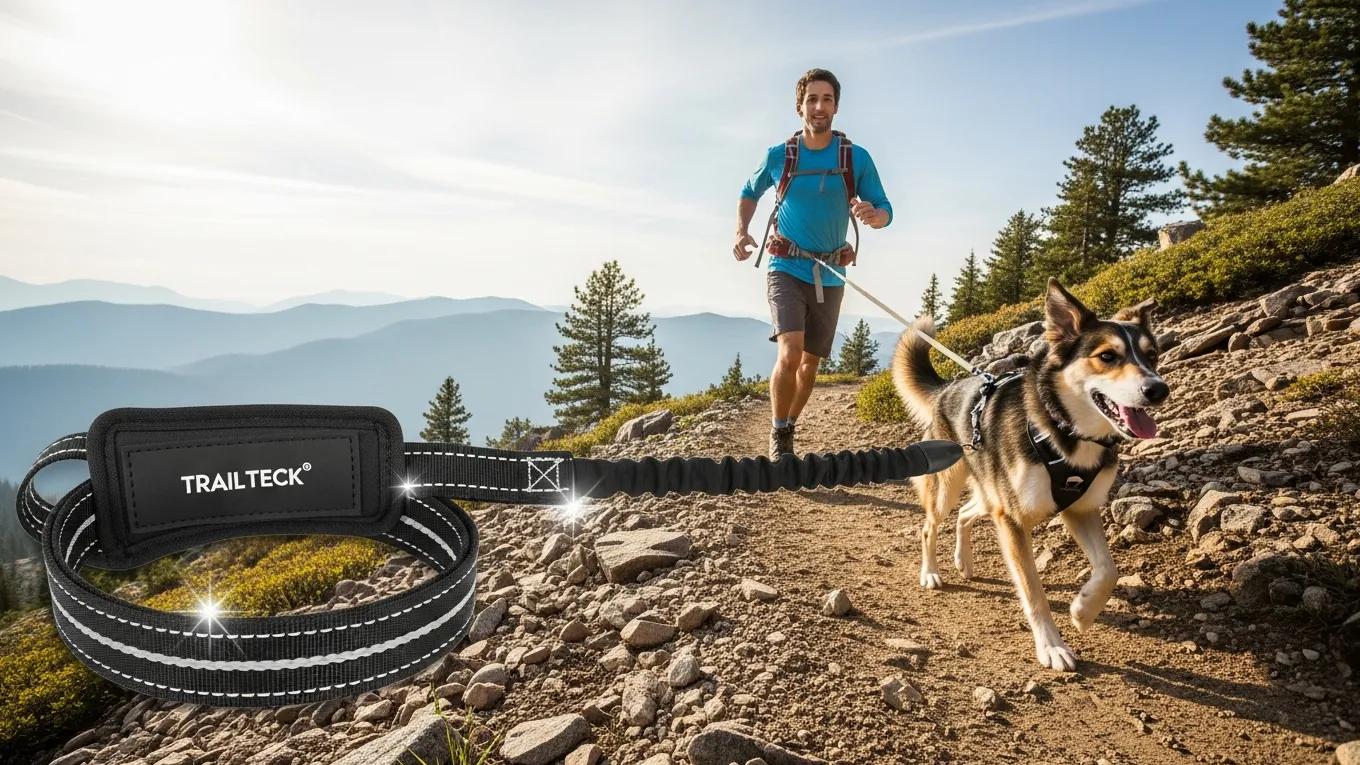 A hands-free dog leash being used on a rocky, uneven hiking trail.