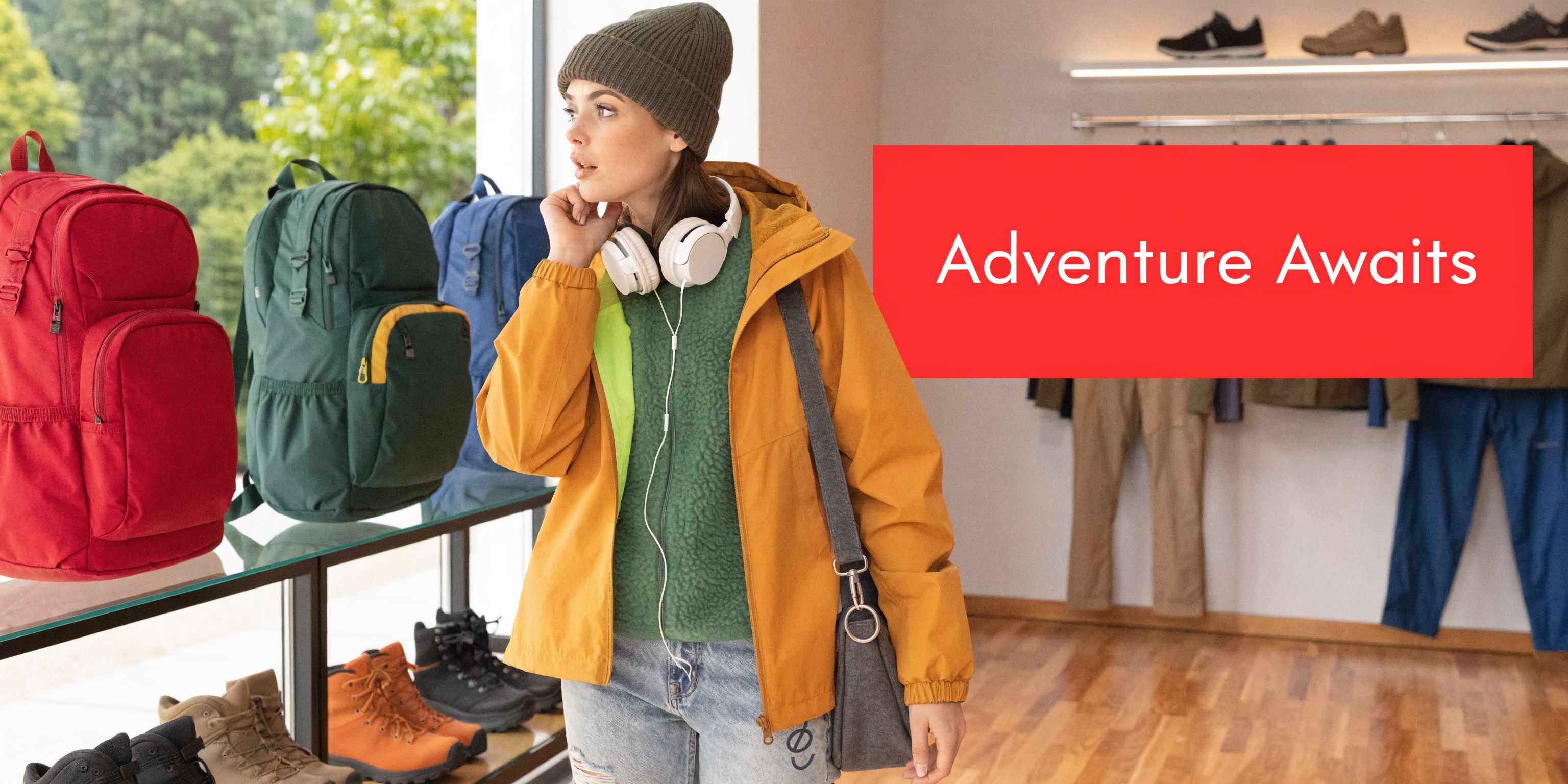 A woman shopping for hiking backpacks in a store while comparing different models.