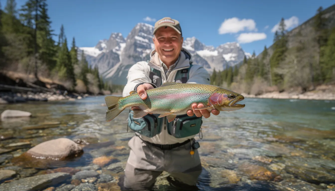 A happy angler holding a spotted trout just above the water in a scenic mountain stream.