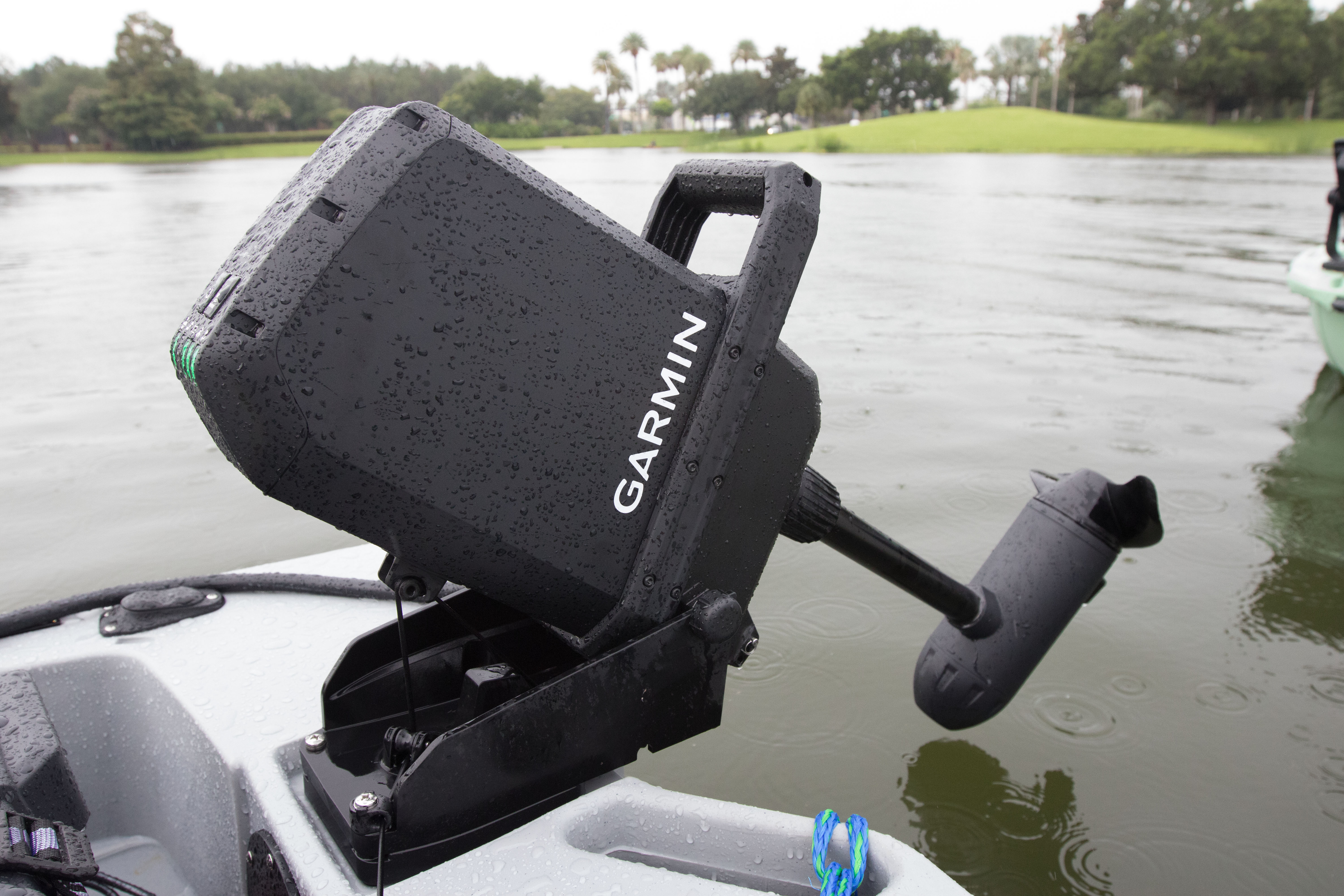 A Garmin Force Current kayak trolling motor mounted on a kayak.