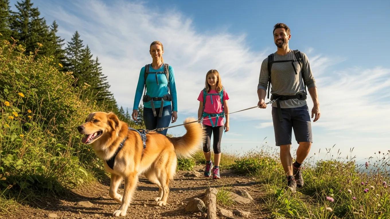A family hiking together on a trail with a dog attached via a hands-free waist leash.