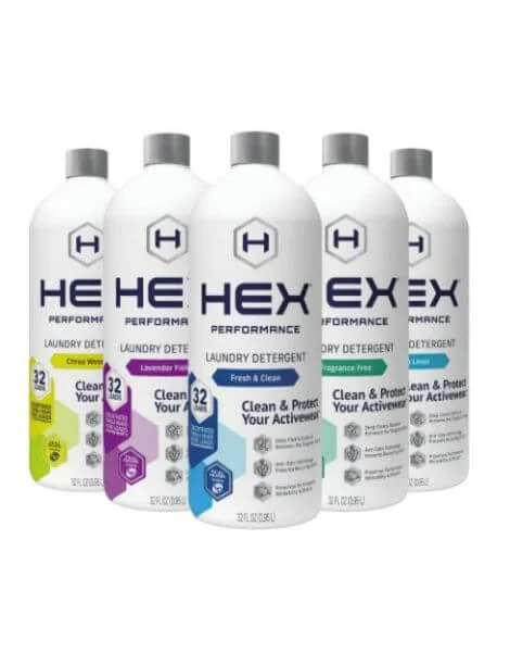 Bottle of HEX Performance Advanced Laundry Detergent against a neutral background.