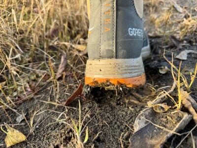 Close-up of the slip-resistant rubber outsole and lug pattern on the SITKA Rover GTX.