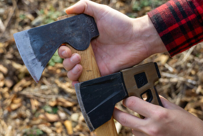 Top-down view of three different camping axe and hatchet head shapes showing varying widths.
