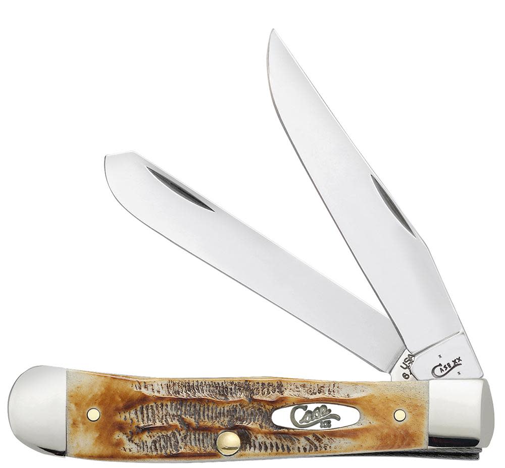 A Case 6.5 BoneStag Trapper knife with both blades deployed, showing the jigged stag-style handle.
