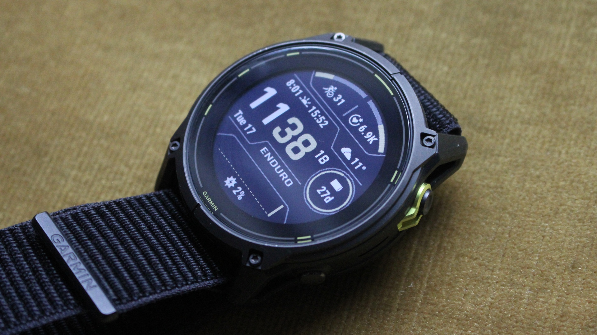 Garmin Enduro 3 watch showing the solar charging ring around the watch face.