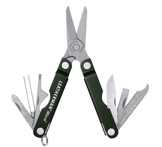 A compact stainless steel Leatherman multi-tool held by a key ring.