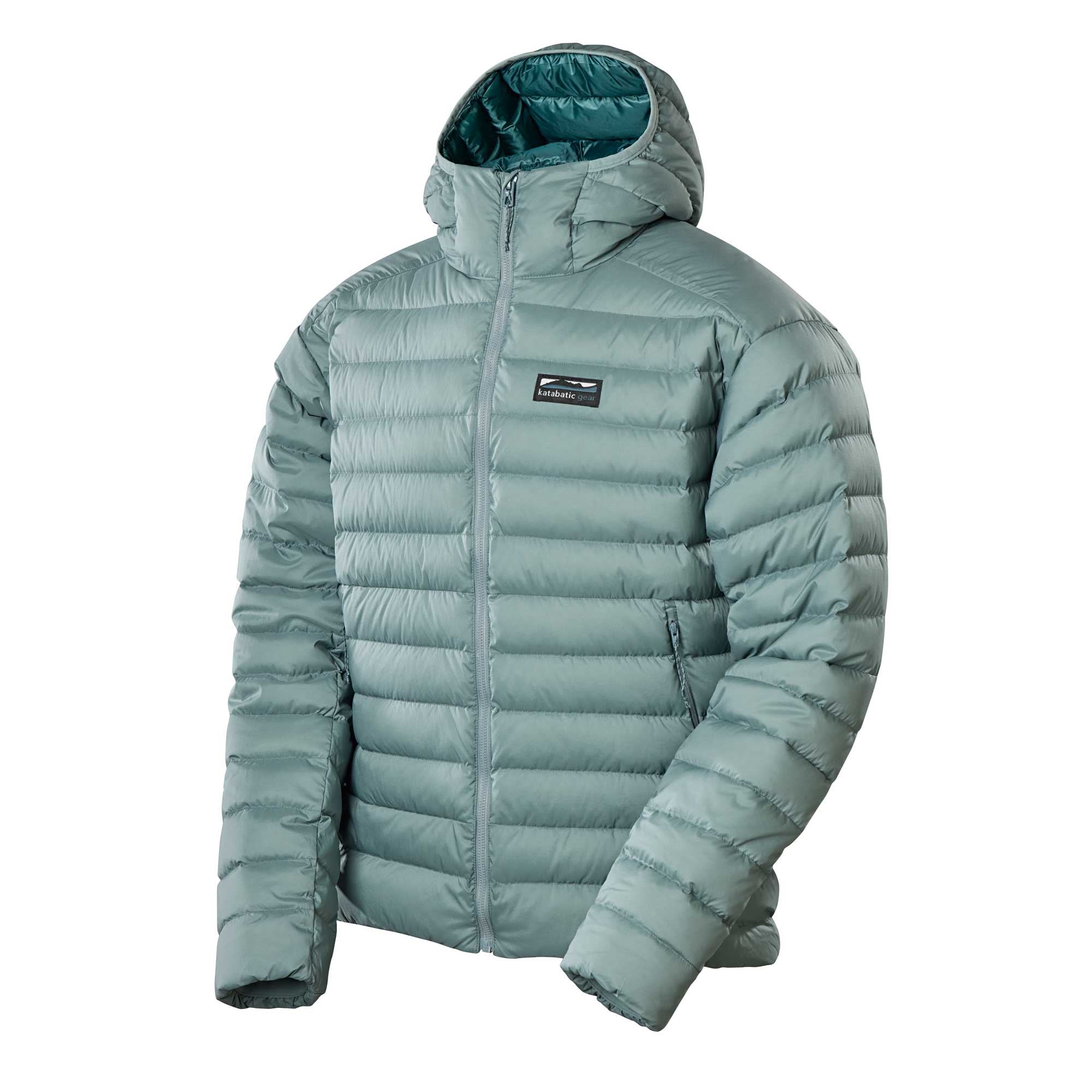 A blue-grey hooded Katabatic Tarn down jacket laid flat.