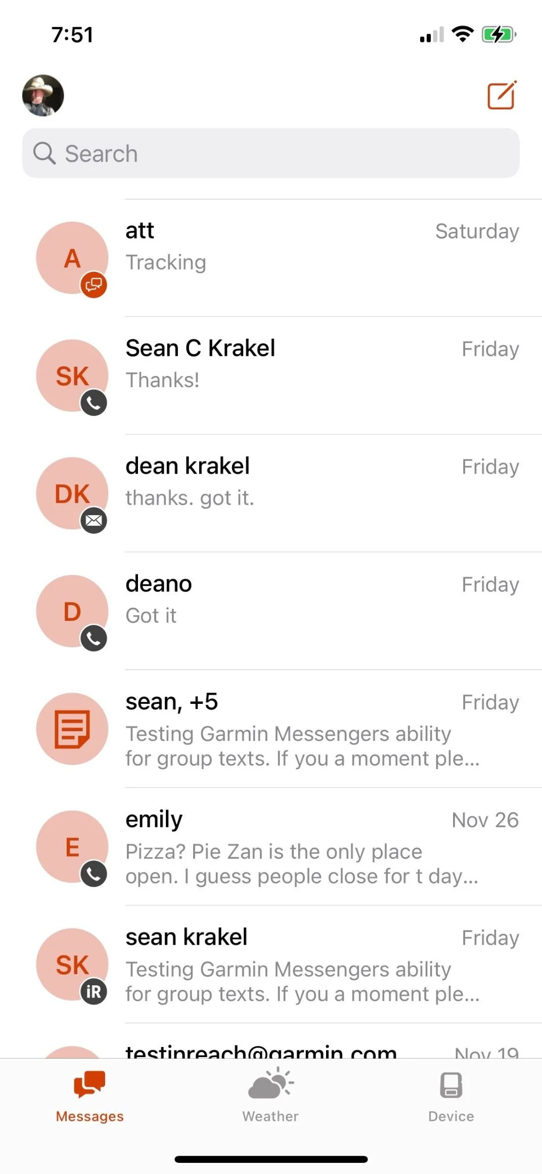 A smartphone screen showing a group text conversation being sent via the Garmin Messenger app.