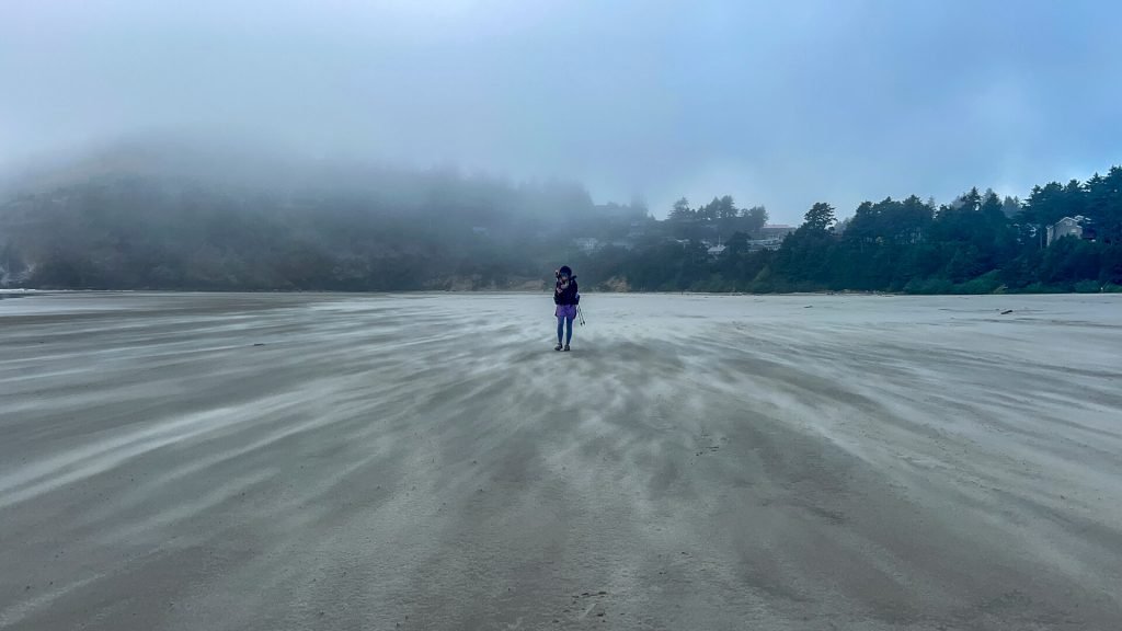 A hiker walking on a wide sandy beach with visible wind-blown sand.