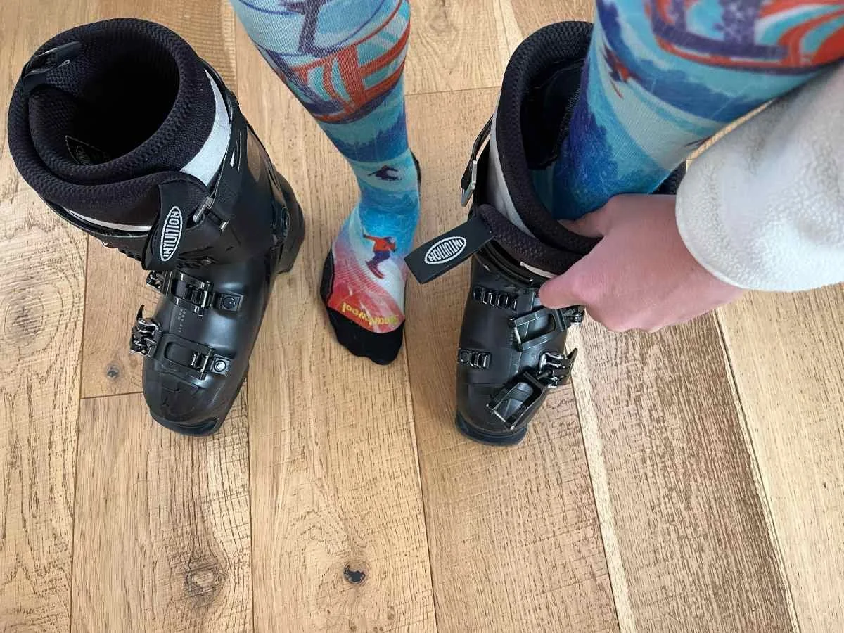 Close-up of the hem and fit of Smartwool Ski Targeted Cushion OTC socks.