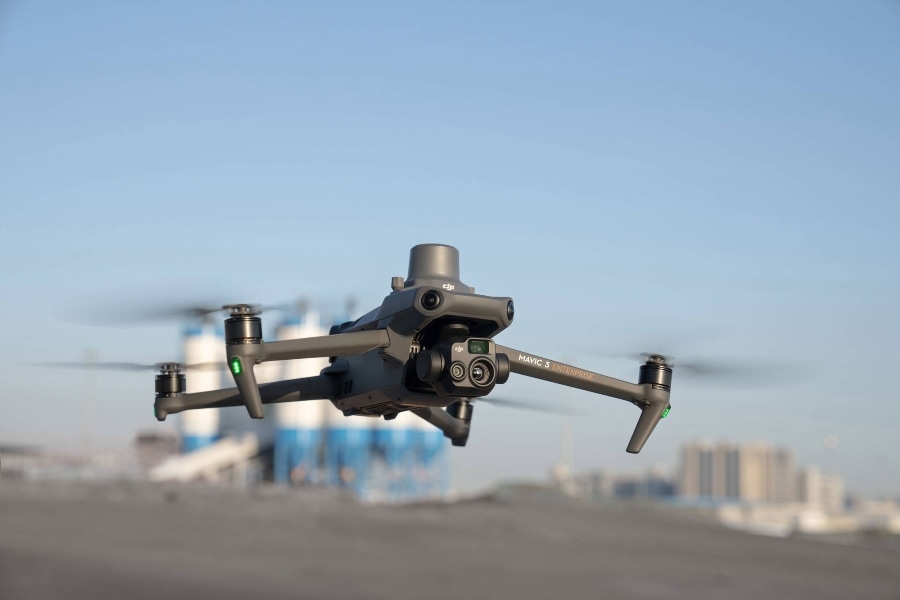 A DJI Mavic 3T drone showing its dual visual and thermal camera payload.