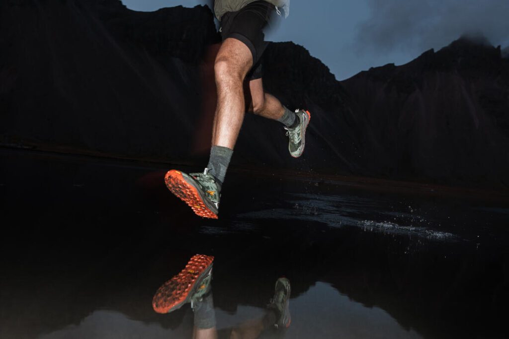 Close-up of the Altra Lone Peak 9+ GTX Vibram outsole on a rocky trail
