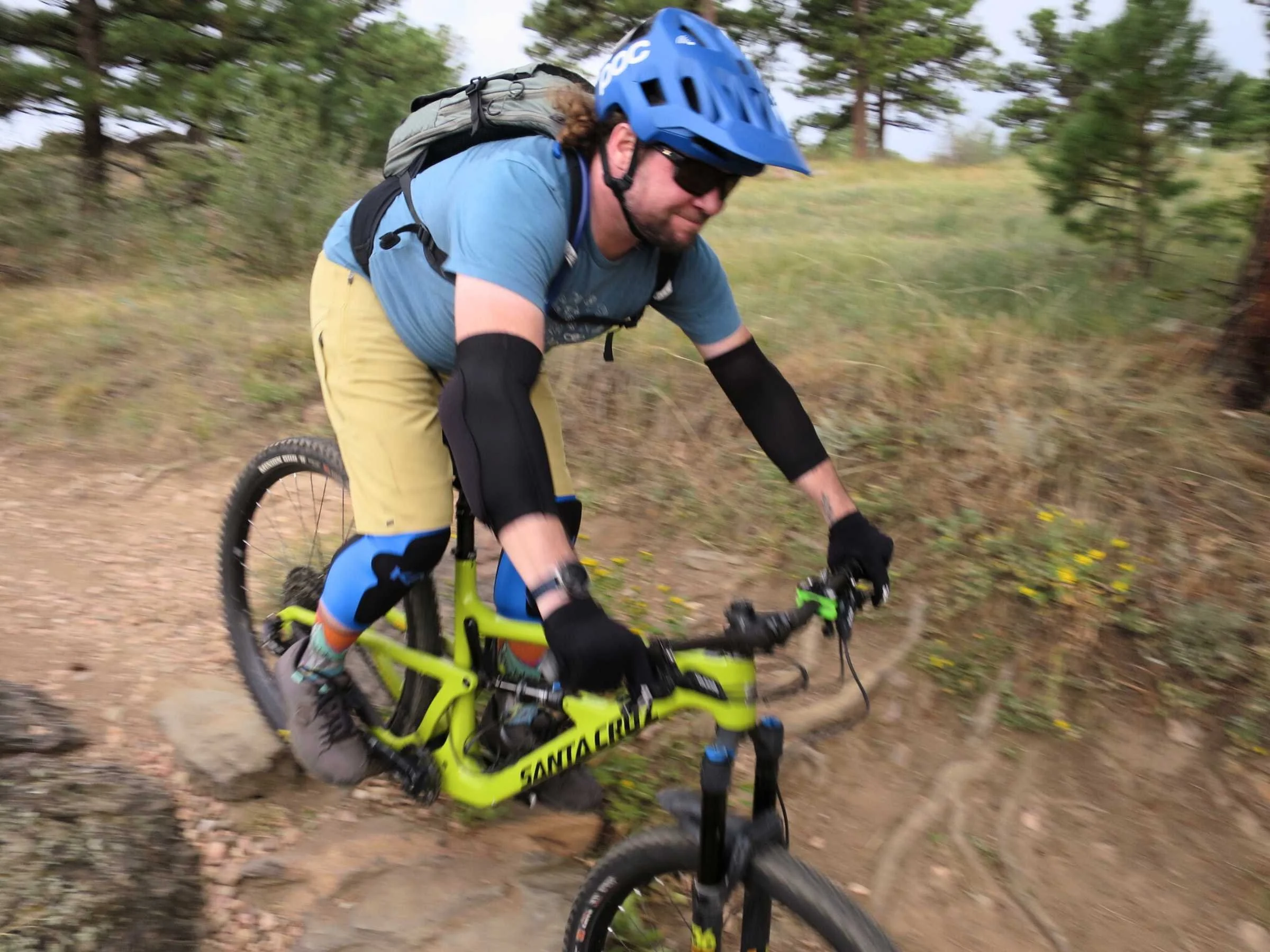 A rider testing Kali Protectives Mission elbow pads at White Ranch.