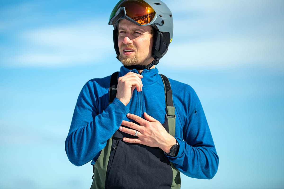 Close up of a Smartwool Merino 250 zip neck baselayer.